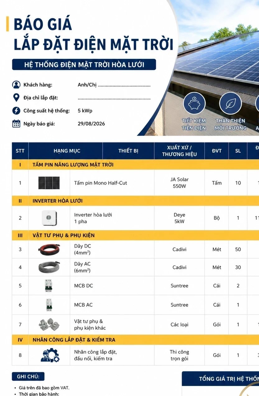 Báo Giá Lắp Điện Năng Lượng Mặt Trời Thanh Hóa Mới Nhất 2026