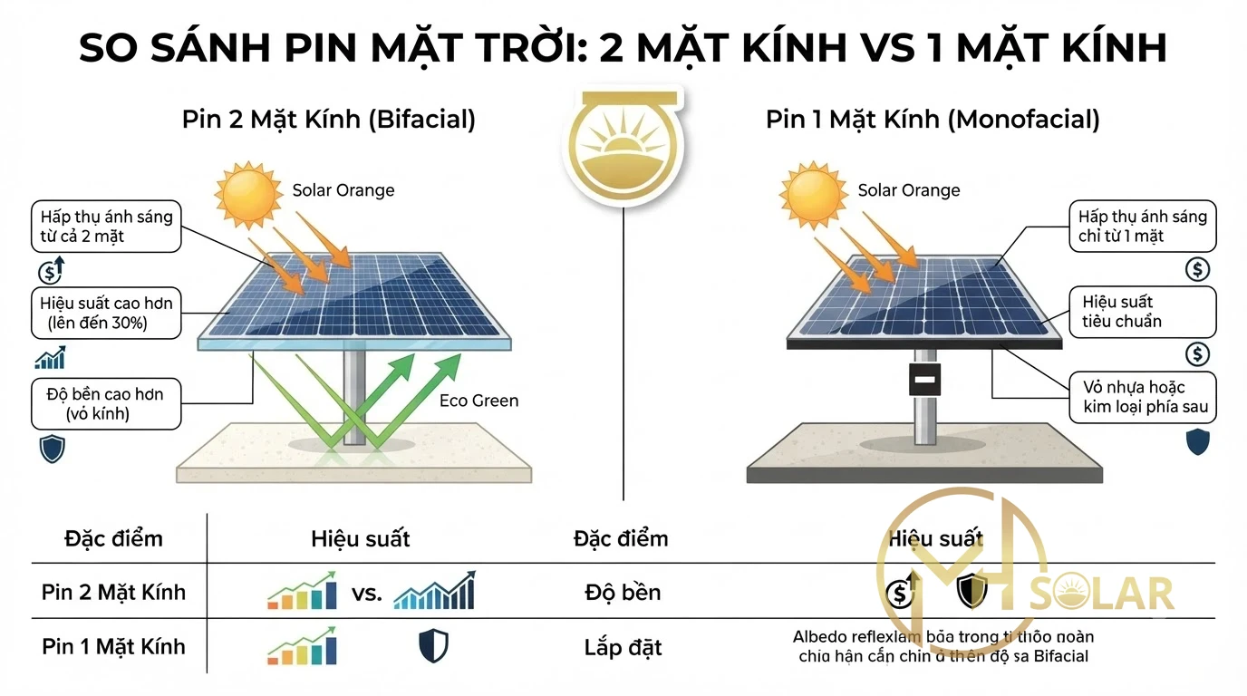Pin Năng Lượng Mặt Trời 2 Mặt Kính Và 1 Mặt Khác Gì Nhau?